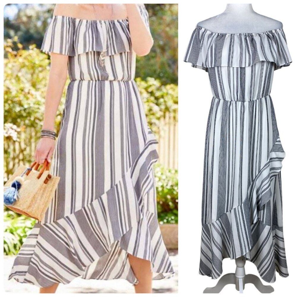 Maurices Black / White Striped Off Shoulder Hi-Low Dress Women's Size S